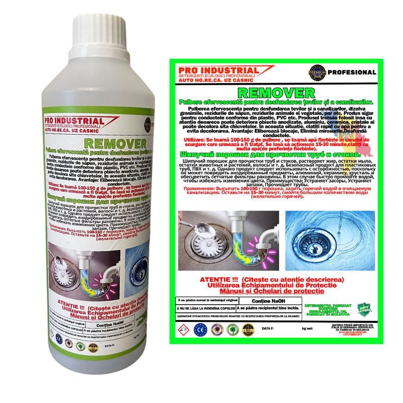 Soluție desfundare țevi profesională – REMOVER, agent alcalin efervescent pentru canalizare